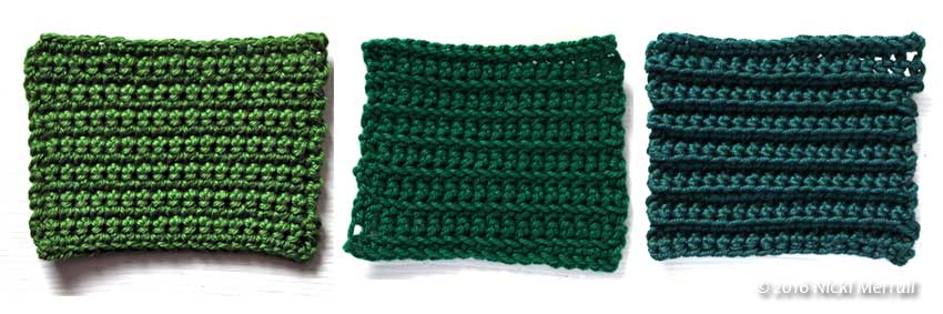 Three samples of double crochet, one worked through front loops, one through both loops and one through back loops