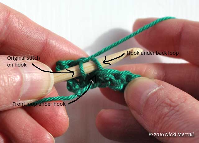 Insert hook under back loop of top of stitch