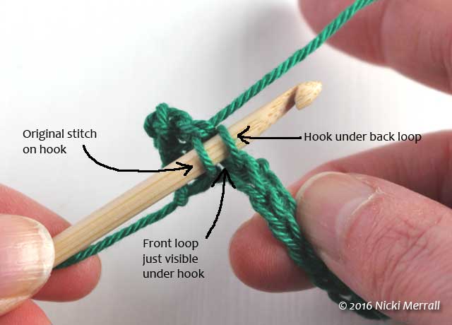 Insert hook under back loop of top of stitch