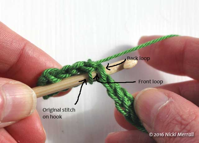 Insert hook under both loops of top of stitch