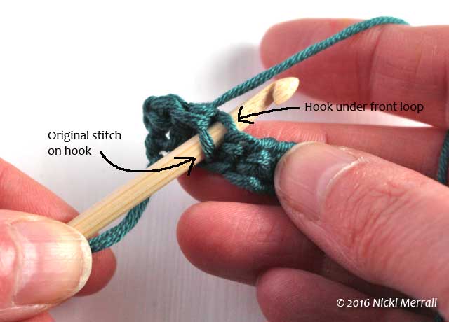 Insert hook under front loop of top of stitch