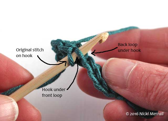 Insert hook under front loop of top of stitch