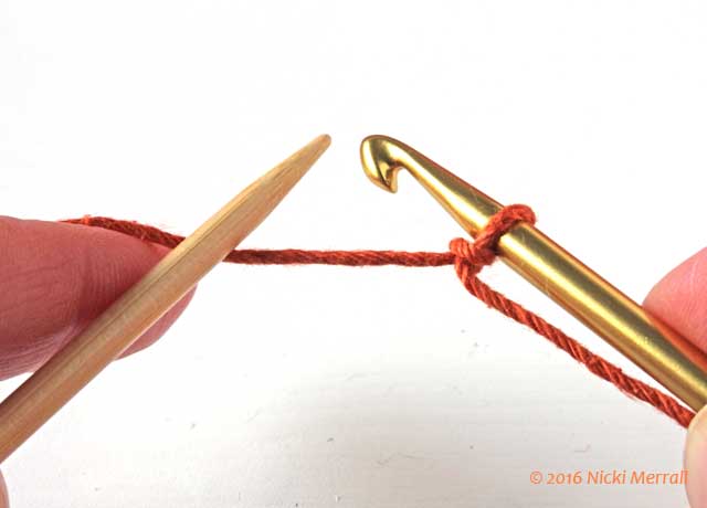 Start provisional crochet cast-on using waste yarn; hold hook in your right hand and knitting needle in your left hand