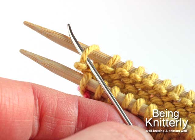 Step 4: Pass yarn needle knitwise through first stitch on the back needle