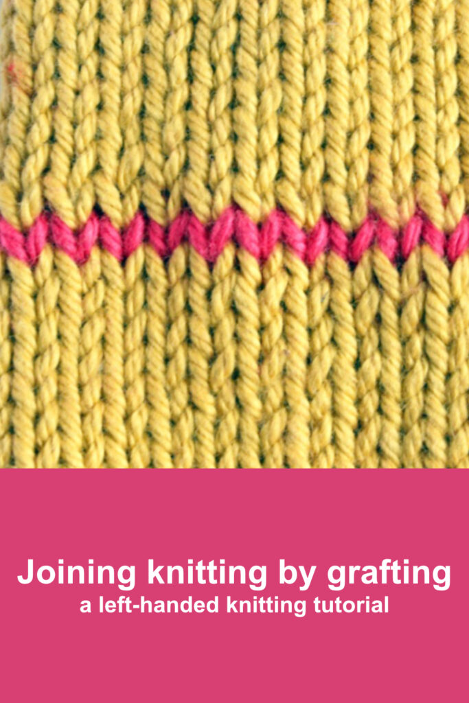 Two pieces of mustard stocking stitch joined by grafting with pink yarn