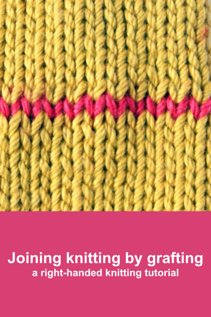 Two pieces of mustard stocking stitch joined by grafting with pink yarn