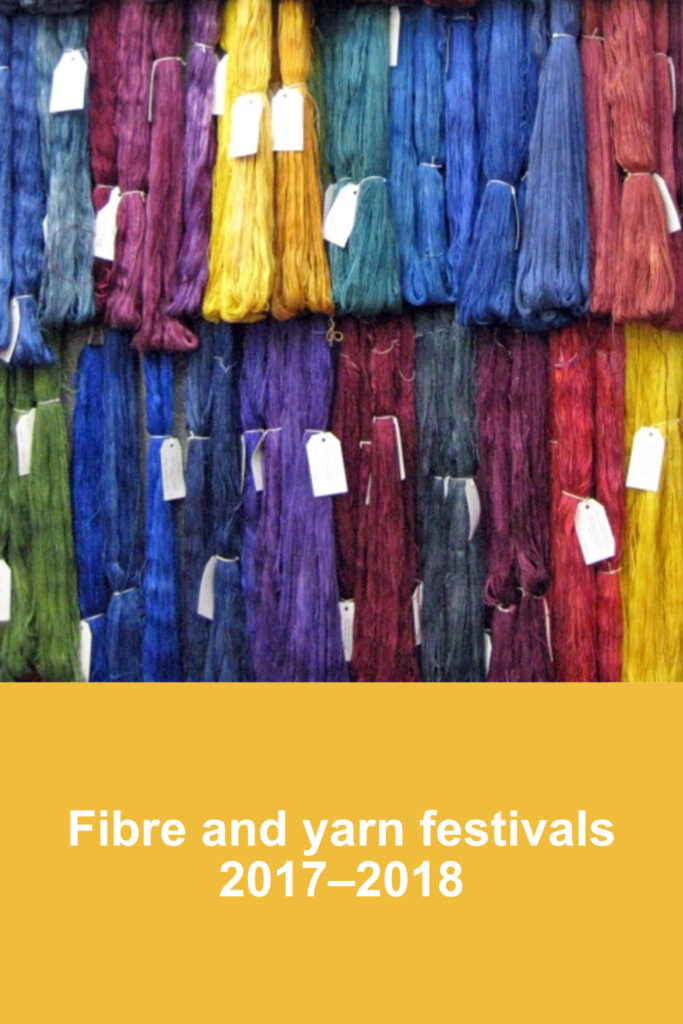 Display of blue, burgundy and yellow hanks of yarn