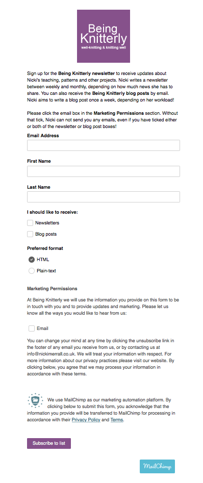 Screen-shot of the Being Knitterly newsletter signup form