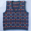 All the Fish sleeveless sweater with fishing inspired motifs in blues, reds white, yellow and purples